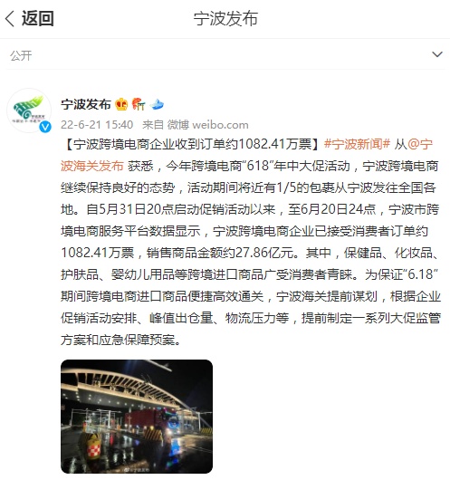 618期间宁波跨境电商企业已接受订单约1082.41万票