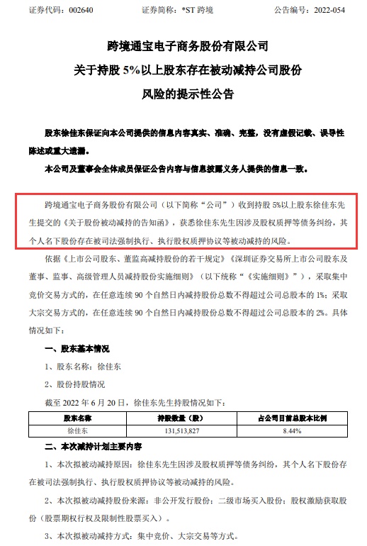 *ST跨境:持股5%以上股东徐佳东存在被动减持公司股份风险