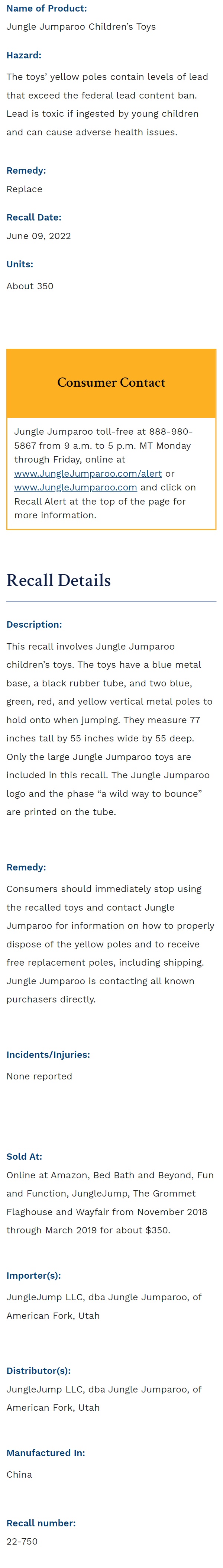 亚马逊出售Jungle Jumparoo儿童玩具因含铅量超标被召回