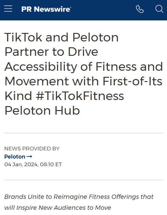 TikTok与互联网健身平台Peloton合作推出健身中心