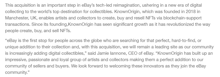 eBay收购NFT交易平台KnownOrigin