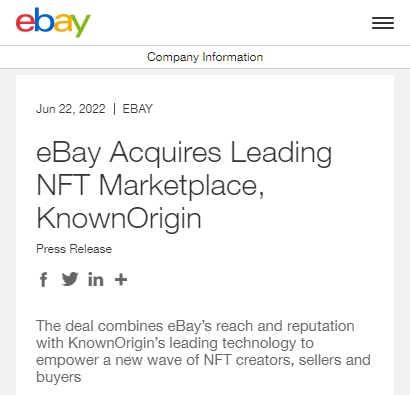 eBay收购NFT交易平台KnownOrigin