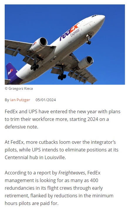 联邦快递计划裁减400多名机组人员 UPS打算停止Centennial中心日间分拣工作