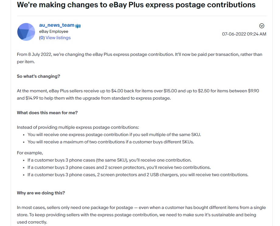 eBay将更新eBay Plus快递邮费服务