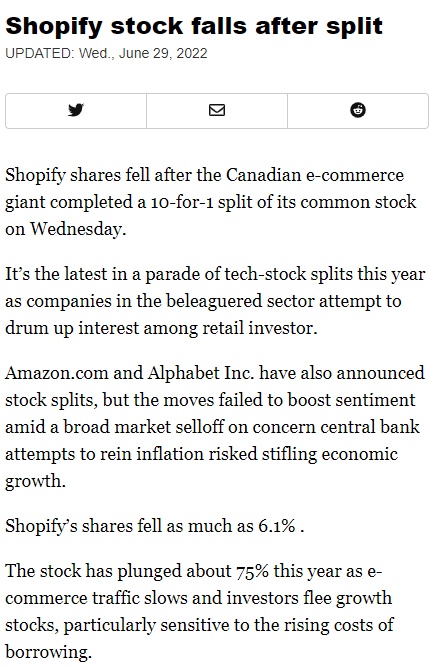 Shopify完成1:10拆股 股价大跌