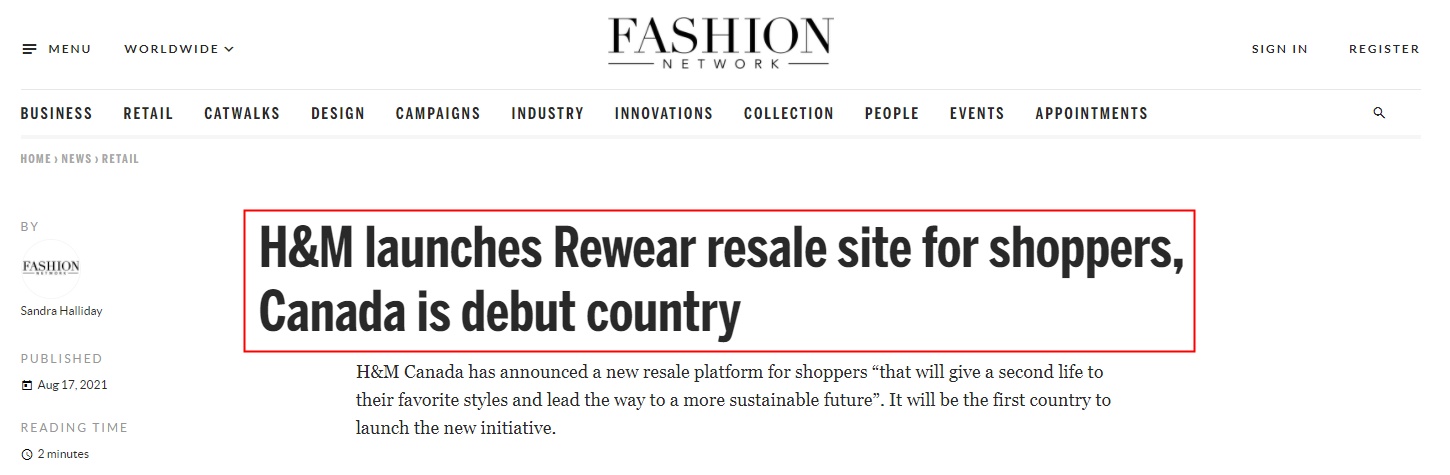H&M Canada Launches a C2C Resell Platform, H&M Rewear