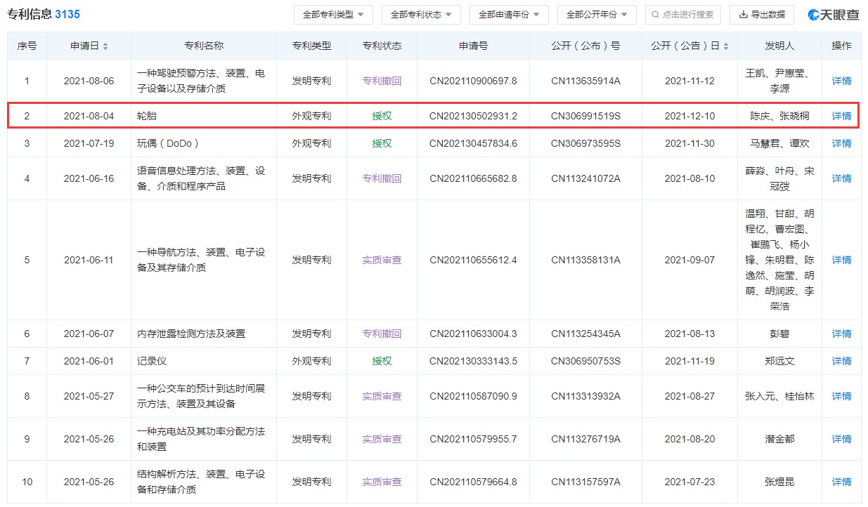 滴滴关联公司公开“轮胎”专利 或用于机动车辆上