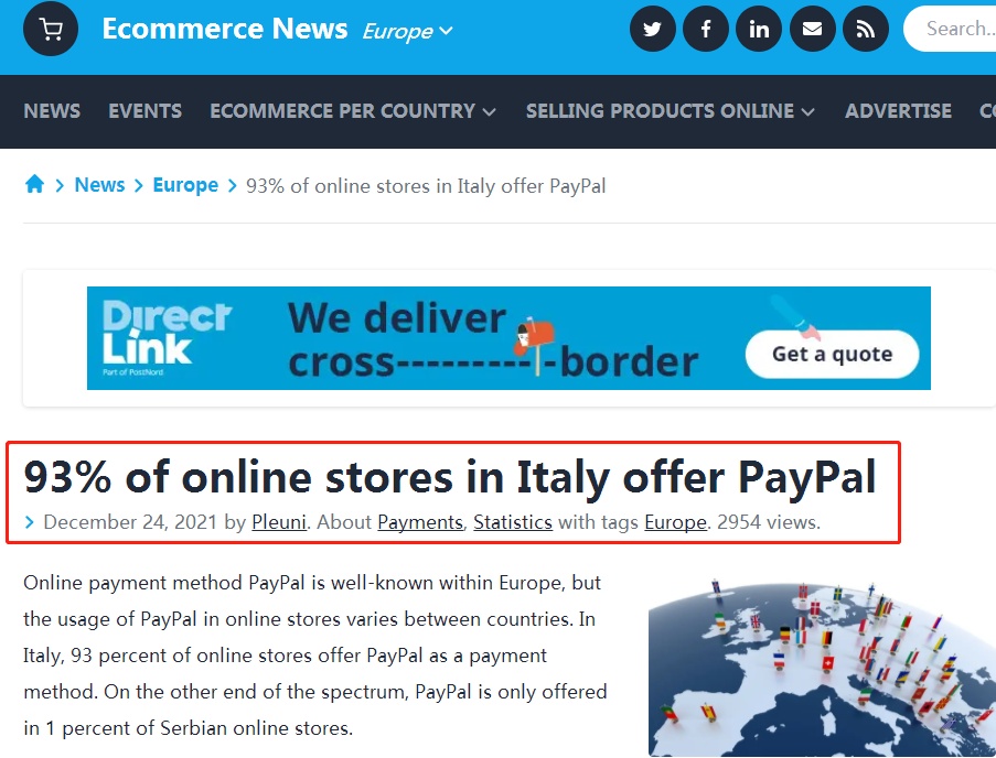 超九成意大利在线商店提供PayPal支付 塞尔维亚仅1%