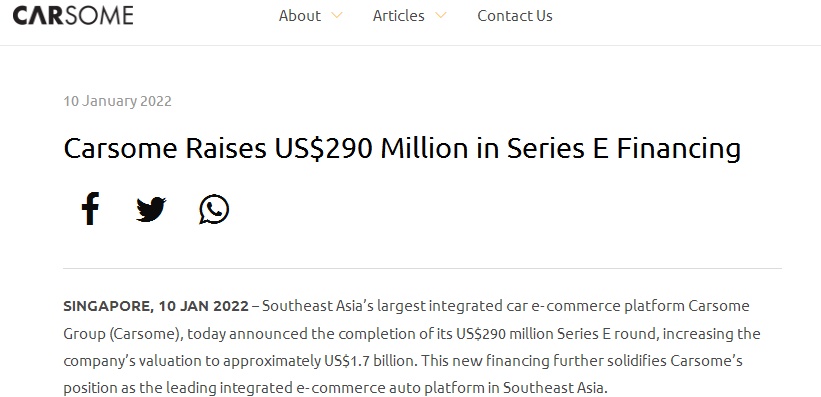 汽车电商Carsome获2.9亿美元融资 估值达约17亿美元