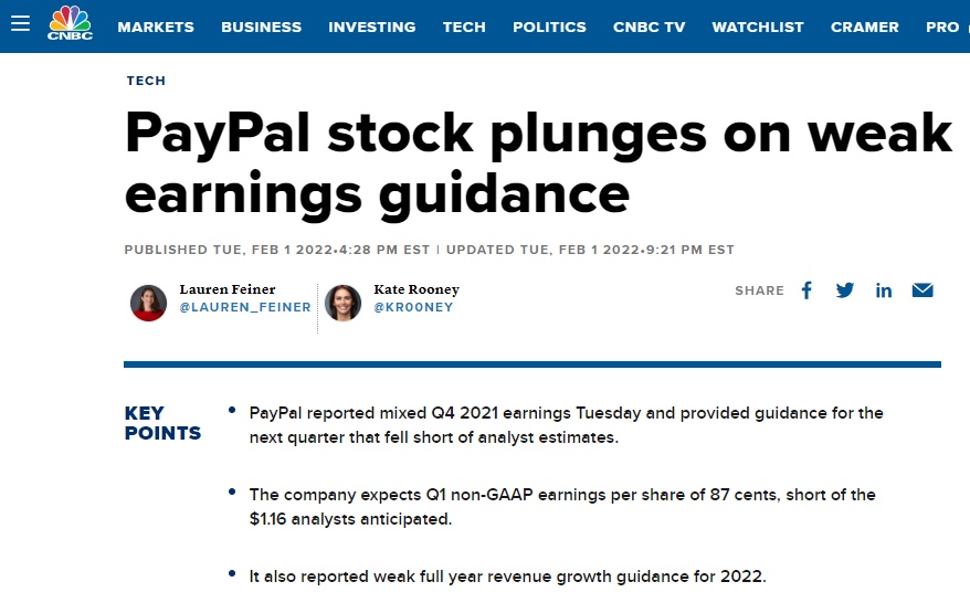 PayPal下调2022展望值 股价单日市值缩水近500亿美元